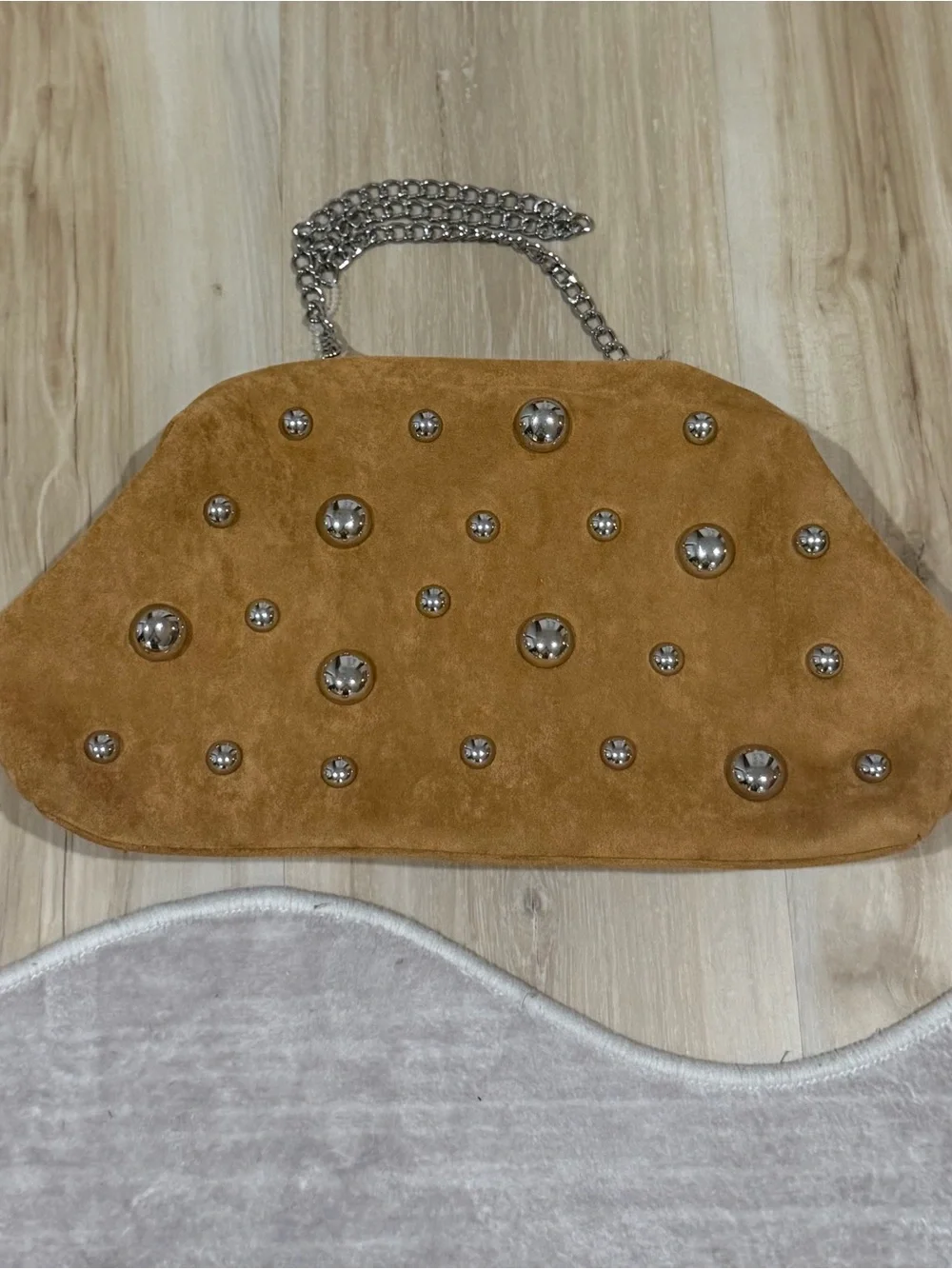 Studded Suede Shoulder Bag in Tan